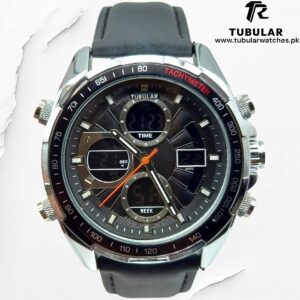 Tubular digital and analog (dual time) watch